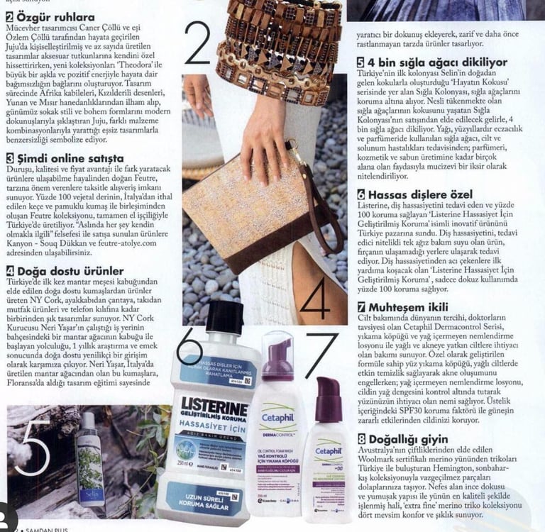 A Turkish lifestyle magazine page featuring product reviews for Listerine mouthwash and Cetaphil skincare products.