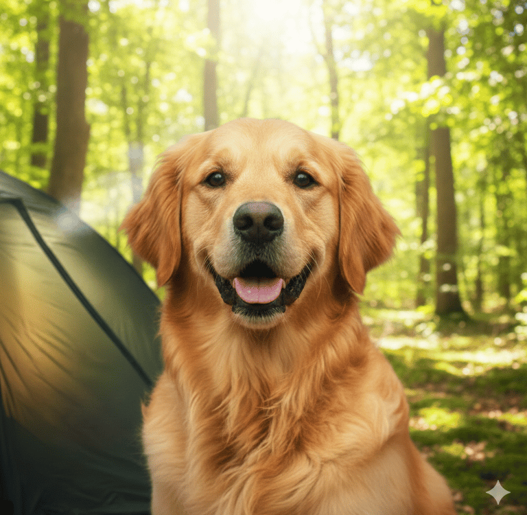 Golden retriever dog sitting in woods next to tent.