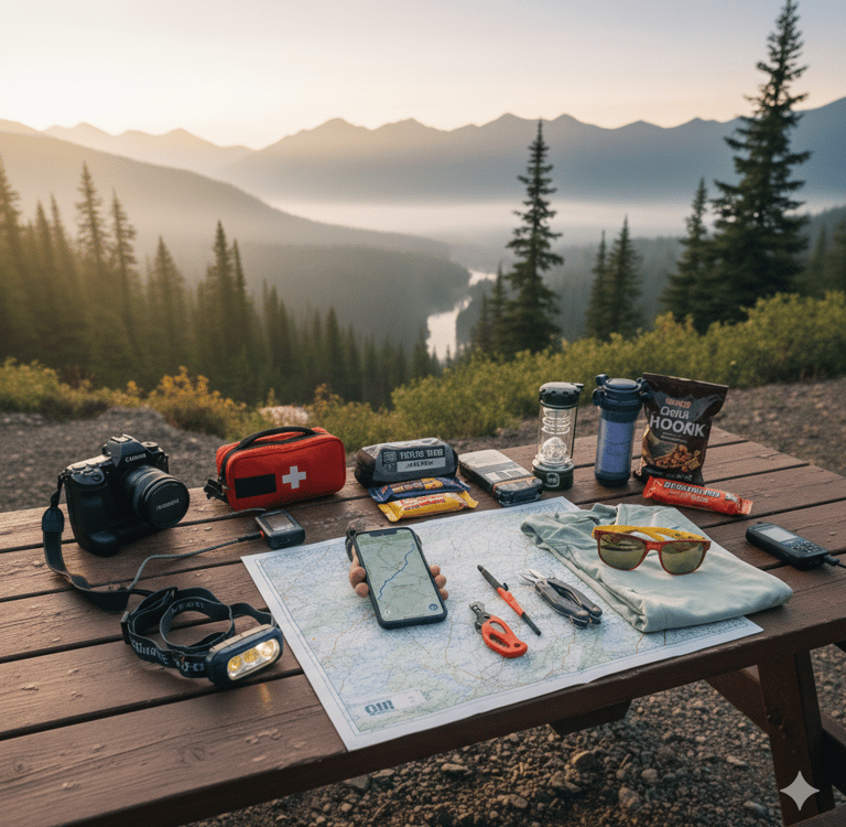 Picnic table with essential items for hiking on it.