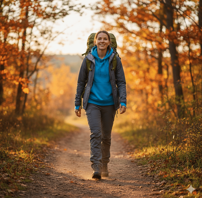 Female hiker walking through woods during the fall.