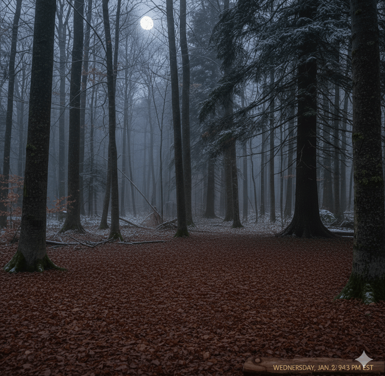 Empty area in the woods where a campsite used to be.