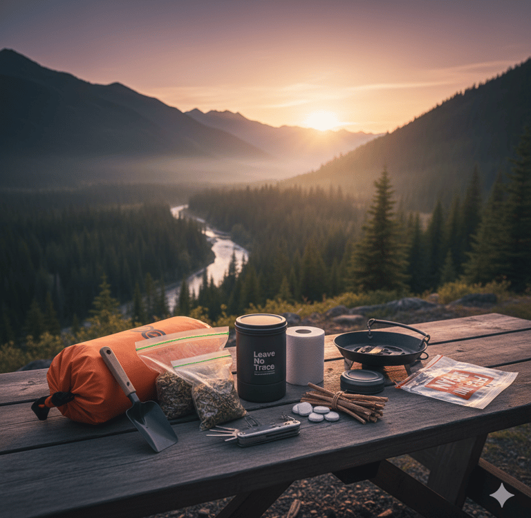 Picnic table with different hiking items sitting on it.