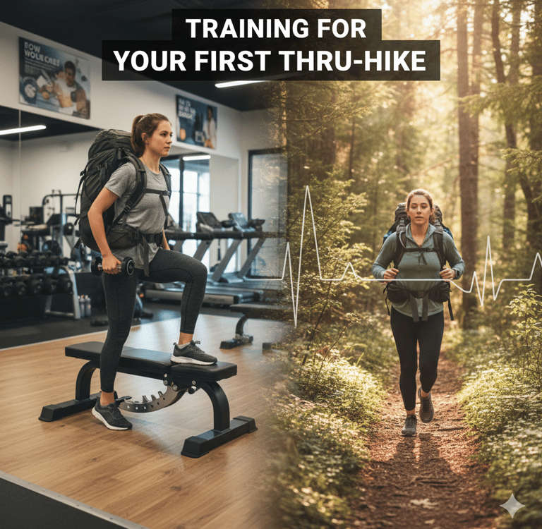 Split graphic showing woman in the gym and her outside hiking on a trail.