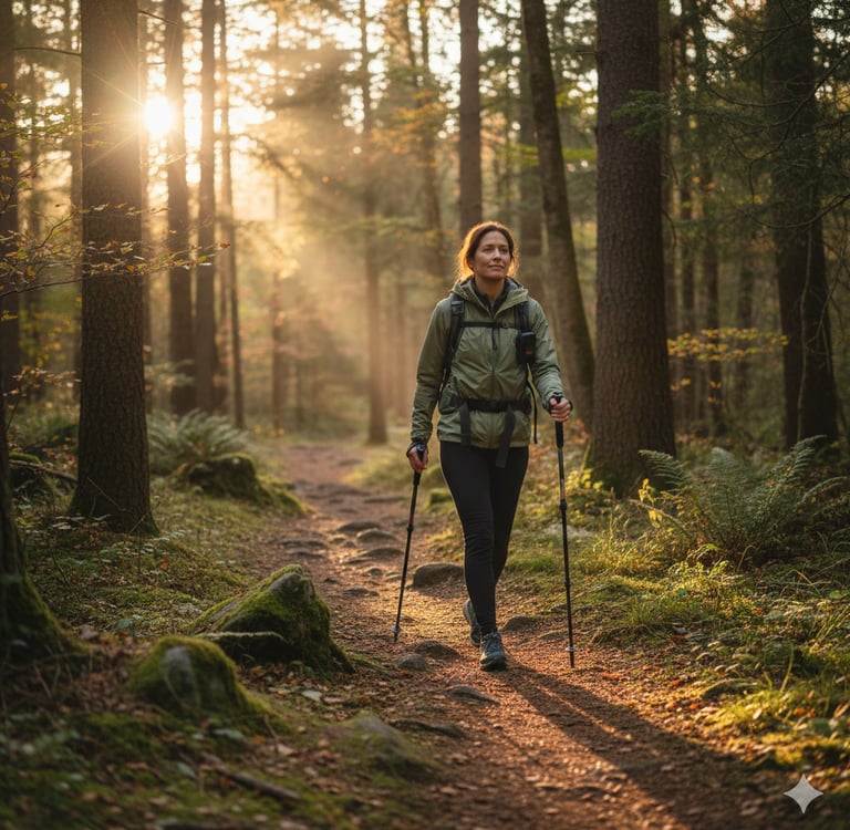 Hiker walking through the woods with sun shining through the trees behind her.