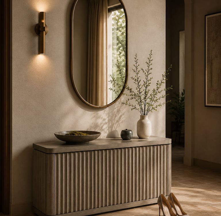 Hotel chic hallway with fluted oak cabinet, bronze mirror, warm lighting, and elegant neutral decor