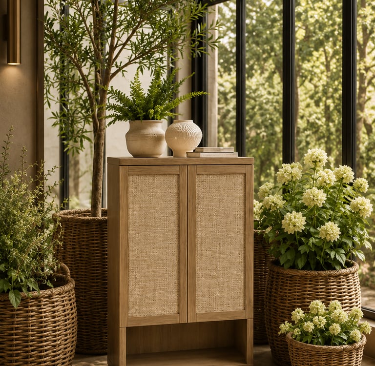 Rattan storage cabinet styled in a biophilic winter garden with woven baskets, flowering plants, and natural oak finishes