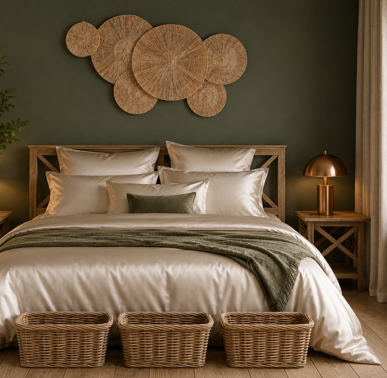 Large woven rattan wall decor creating a warm natural focal point in a luxury biophilic bedroom
