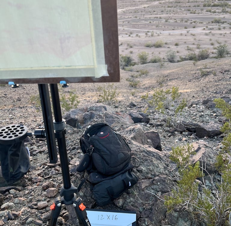 Forensic field gear on granite. Tripod, tactical pack, and log box with technical HUD callouts