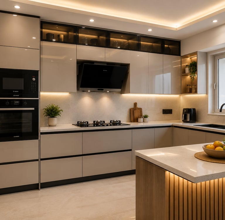 Modern luxury modular kitchen with beige cabinets, integrated appliances, and warm LED under-cabinet lighting.