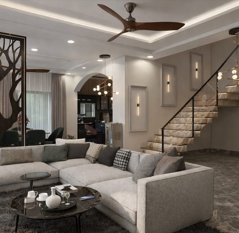 Modern luxury living room featuring a grey sectional sofa, marble stairs, and stylish wood partition.