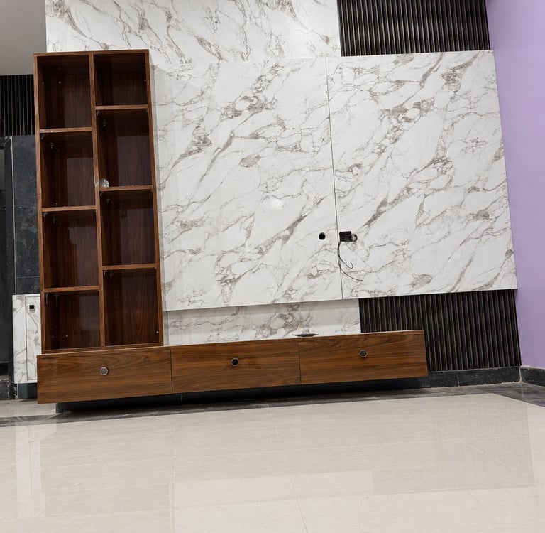 Modern marble wall TV unit with wooden cabinets and slatted panels for living room interior design.