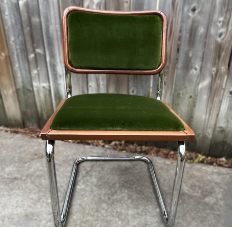Vintage mid-century modern chrome cantilever chair with olive green velvet reupholstered in Toronto
