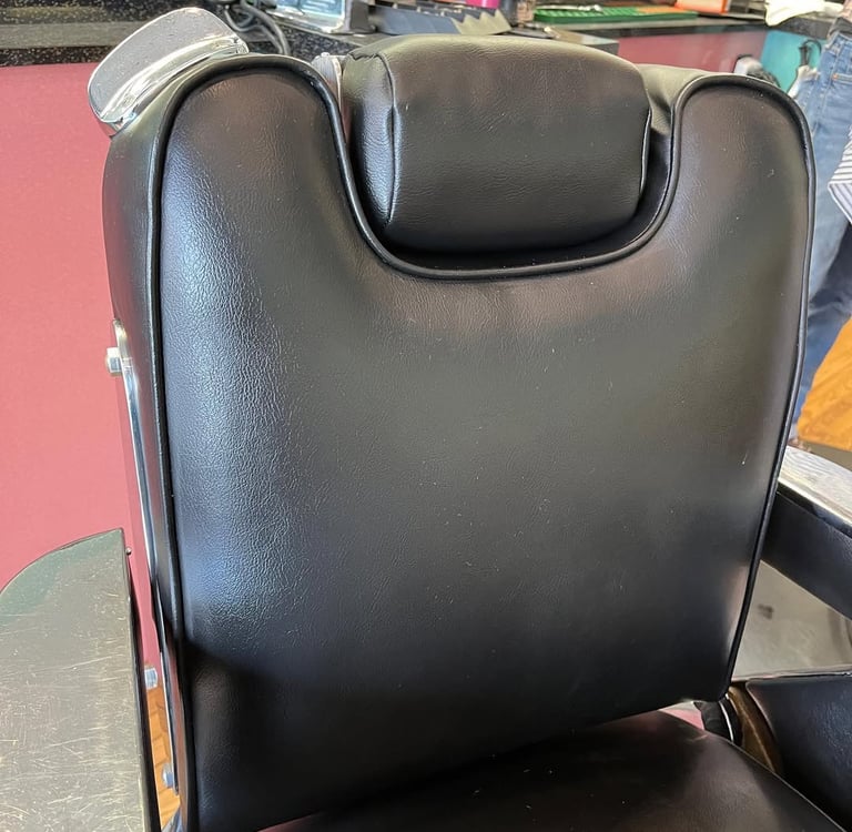 vintage Takara Belmont barber chair seat back by Luxeworths upholstery Toronto
