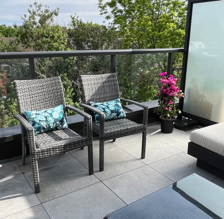 outdoor dining chairs with custom lumbar pillows made in Toronto