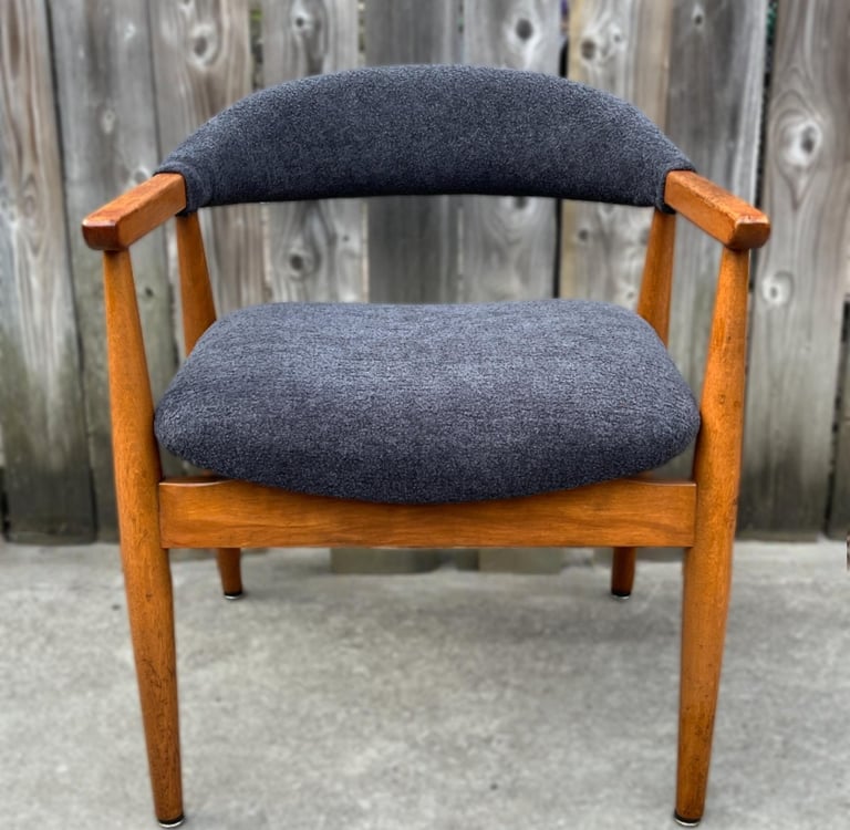 MCM chair after in grey boucle fabric reupholstered in Toronto