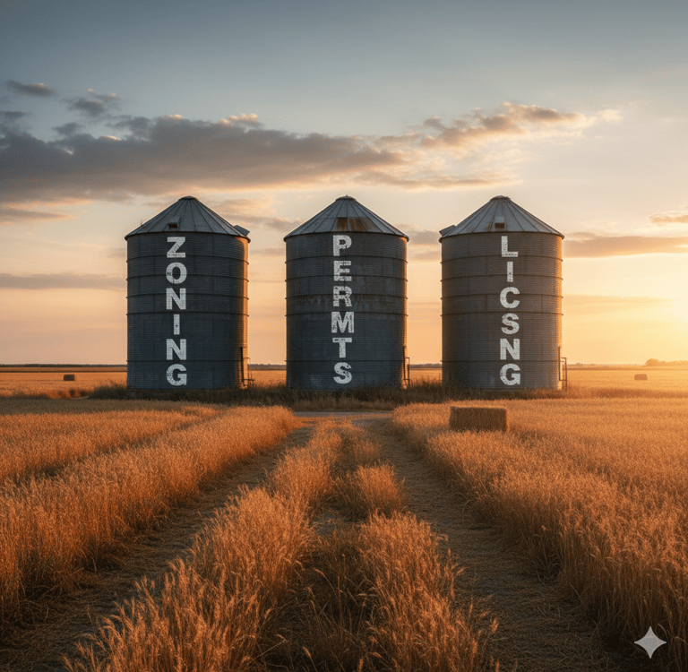 image of silos in a field that have writing on the sides that say zoning, permits and licensing