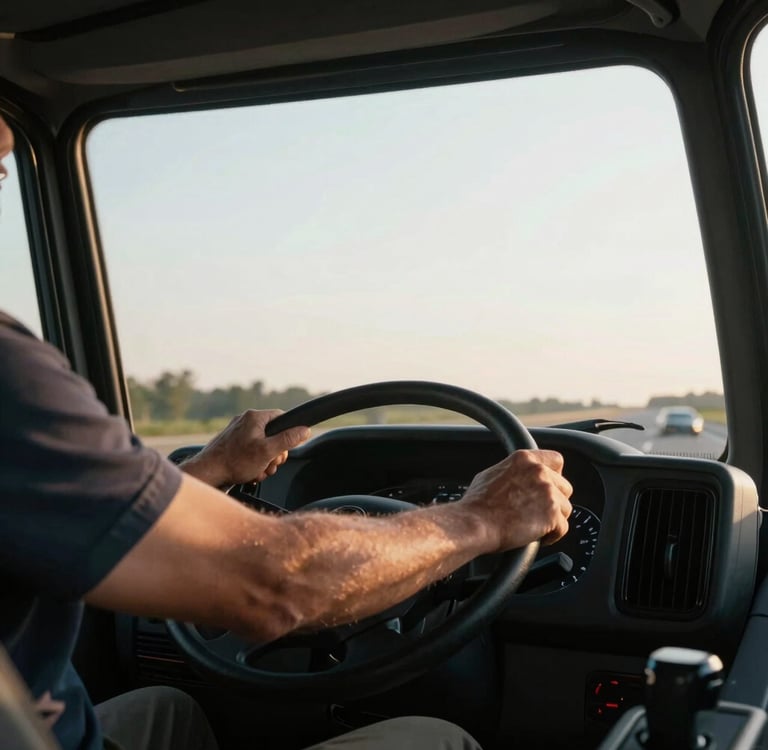 Close-up of a truck driver's hands on a steering wheel, crisp early morning daylight filtering through the windshield, professional trucking lifestyle, 35mm lens