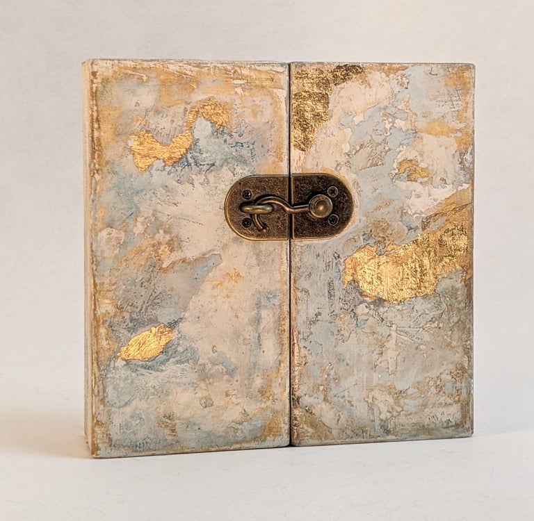 Handcrafted folding altarpiece abstract painting, gold leaf accents, and a metal swing latch.