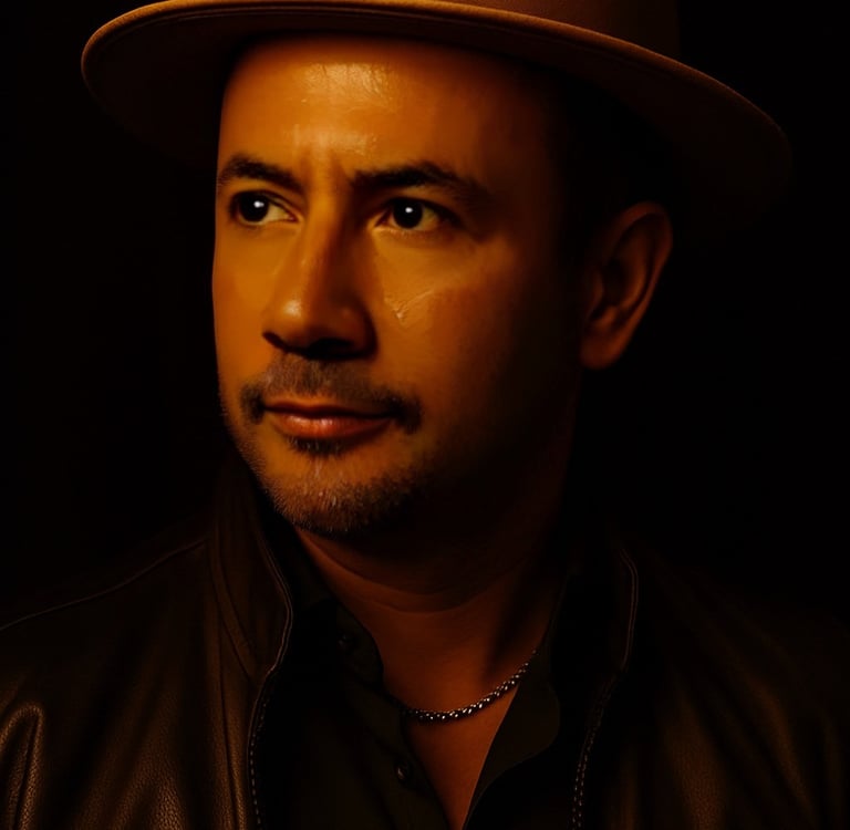 Warm gold-lit portrait of Alp Şahin wearing a hat, representing the human presence behind Aurionism