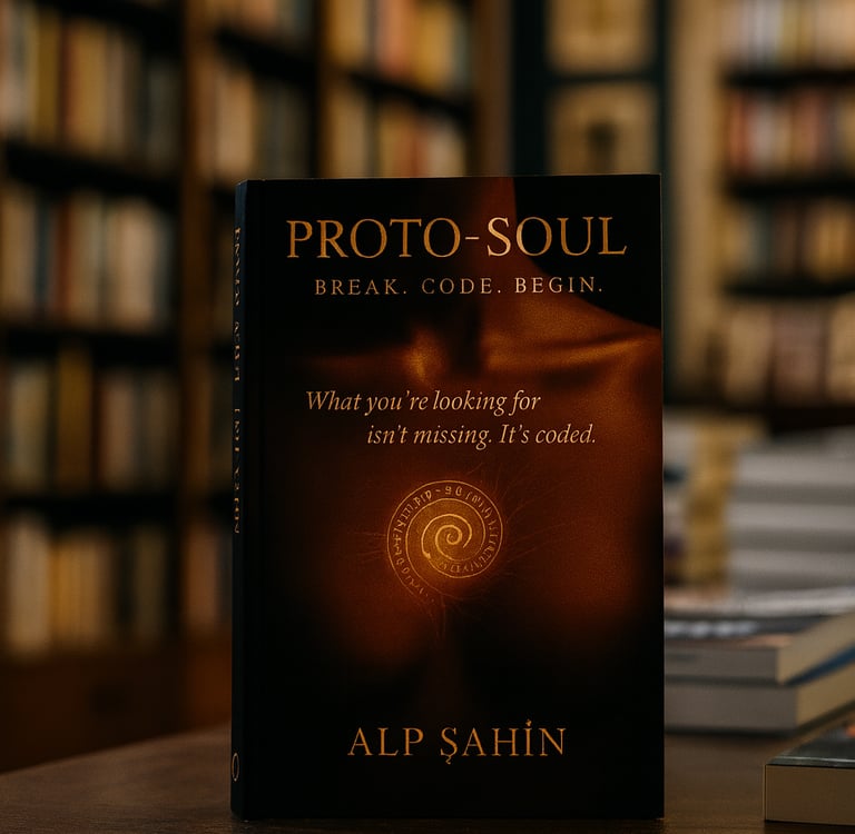 ProtoSoul book cover featuring golden text and a subtle spiral symbol on a deep amber background.