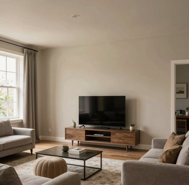 Cozy living room corner with modern wall and ceiling coverings, soft lighting highlighting textures.