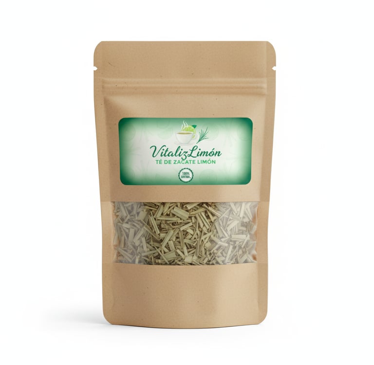 Té orgánico de hierba limón VitalizLimón en una bolsa de papel kraft con ventana transparente