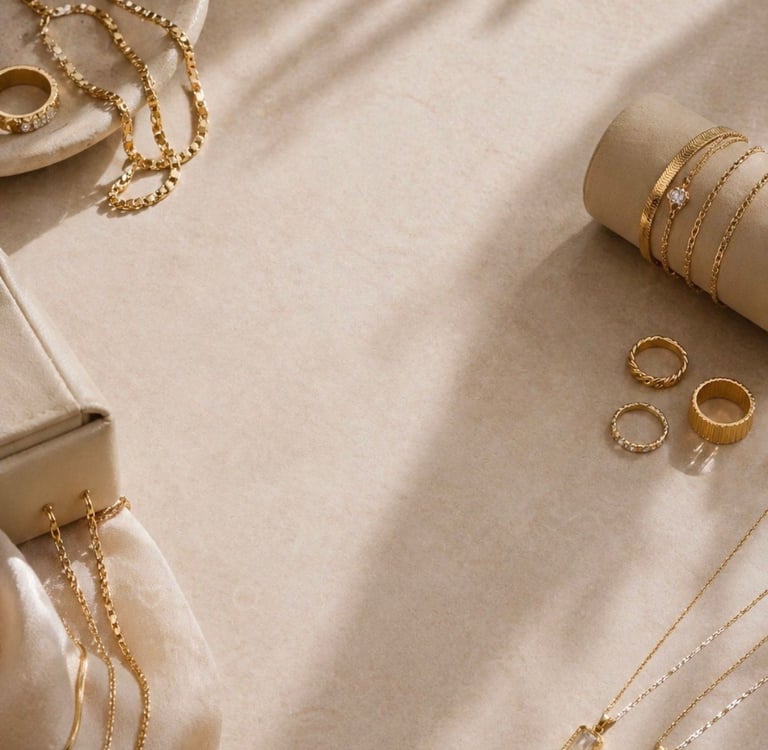 Beige luxury jewelry aesthetic with gold necklaces, rings and minimal elegant accessories