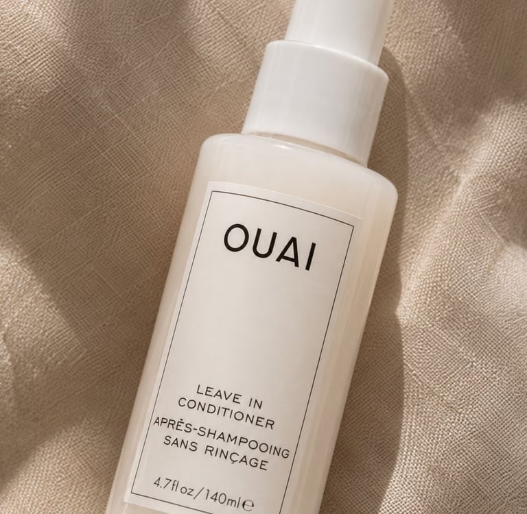 Clean girl aesthetic hair care product flatlay with soft neutral styling