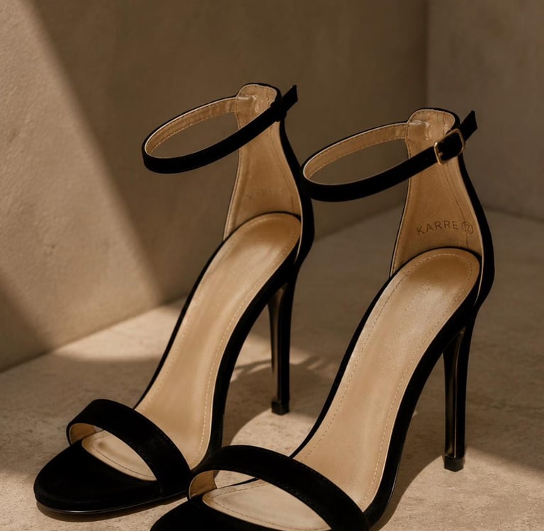 Black stiletto heels with ankle straps styled in warm natural sunlight on a neutral luxury-inspired