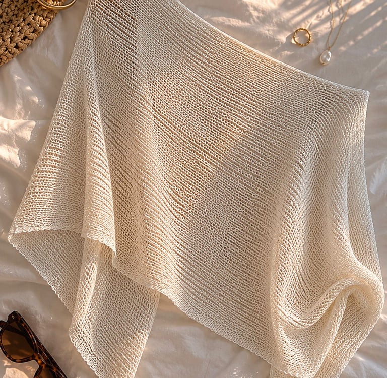 Beige knit cape top cover up styled flat with sunglasses and gold jewelry in warm natural sunlight.