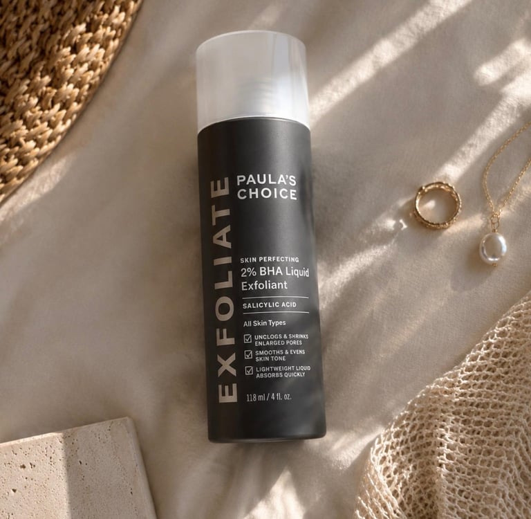Paula’s Choice 2% BHA Exfoliant bottle styled on neutral fabric with gold jewelry