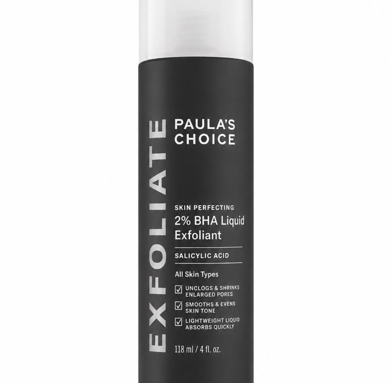 Paula’s Choice 2% BHA Liquid Exfoliant bottle isolated on a clean white background.