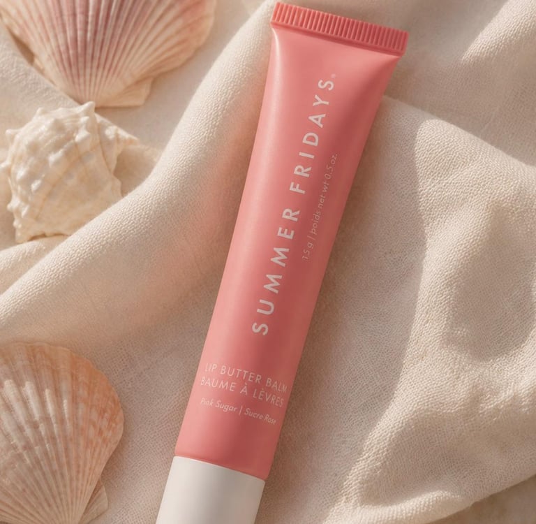 Summer Fridays Lip Butter Balm Pink Sugar on soft cream fabric with seashells in natural sunlight.