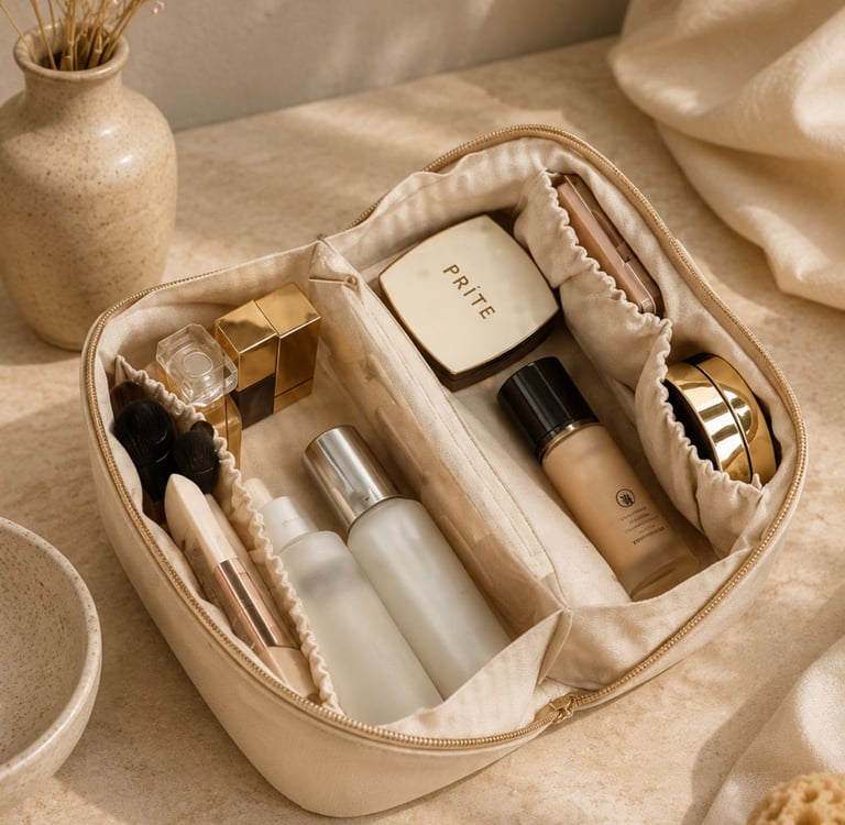 Open beige cosmetic organizer with compartments filled with makeup