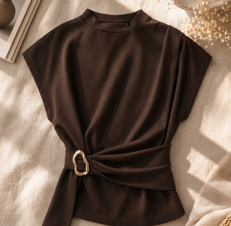 Brown wrap top displayed on an aesthetic neutral background.
