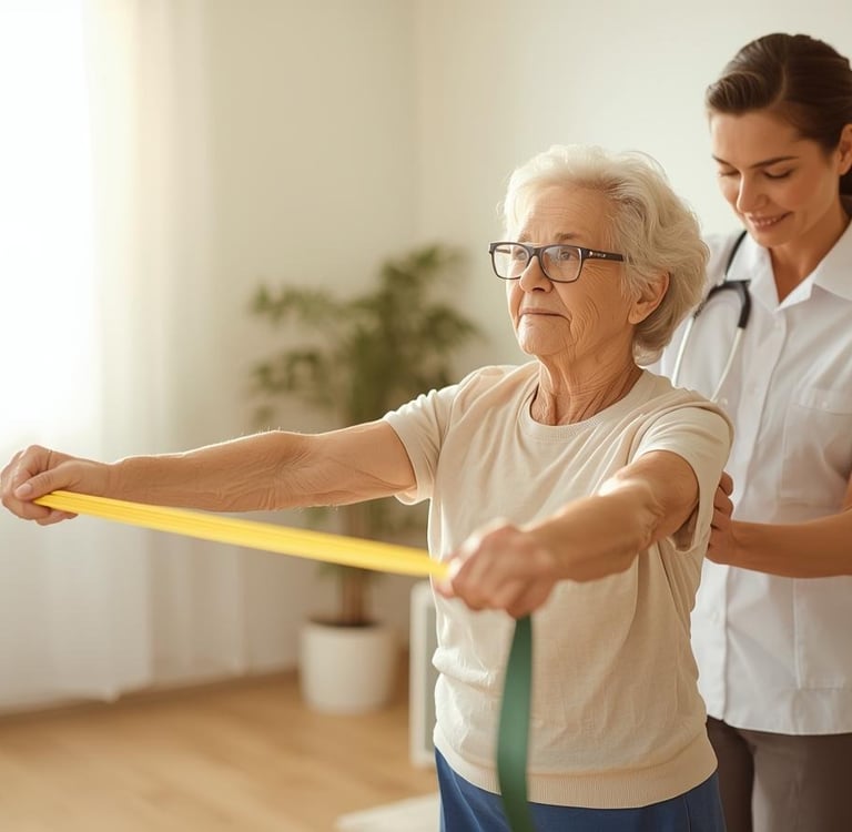 “Elderly patient doing physiotherapy with therapist.”