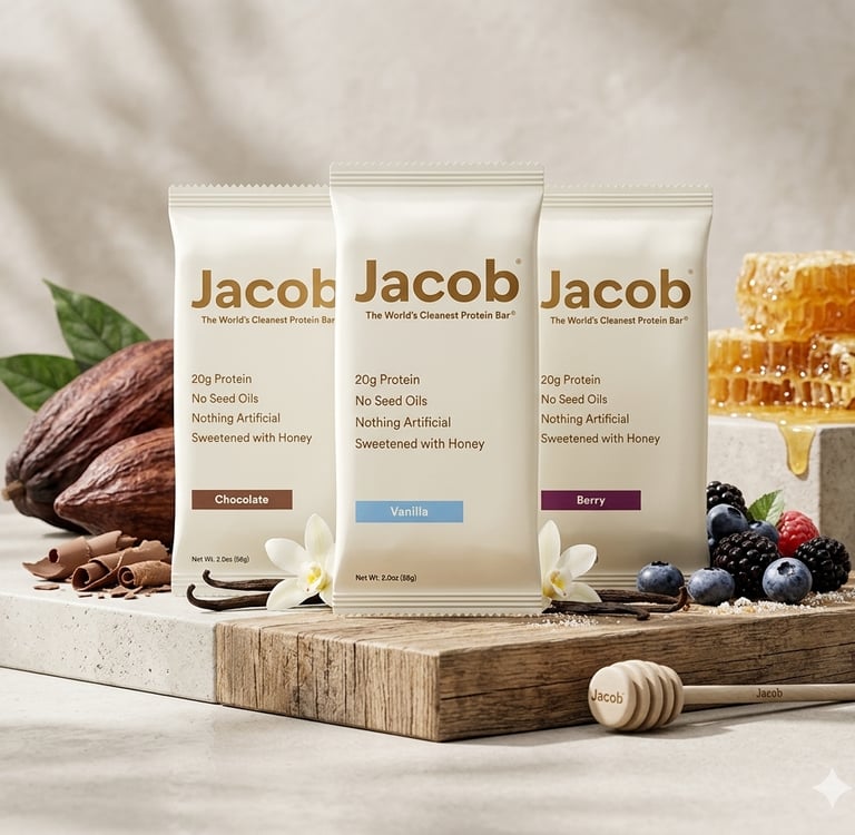 Jacob clean protein bars in chocolate, vanilla, and berry flavors with raw ingredients and honey.