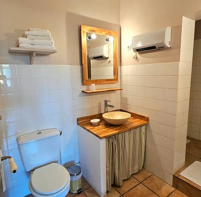 Salle de bain chambre chocolat, douche à l'italienne, wc et vasque