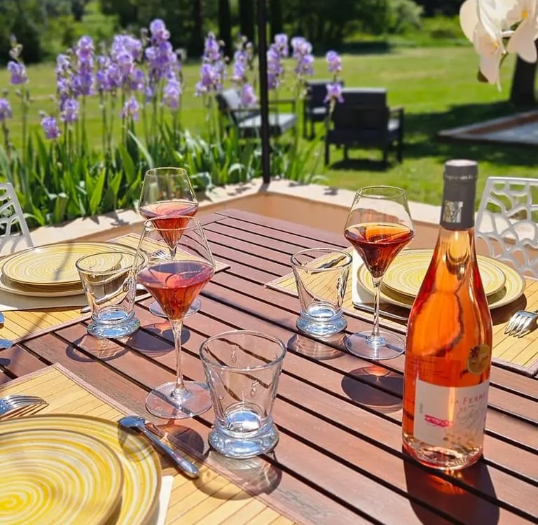 table extérieur dressée sur la terrasse avec le jardin et les iris en fleur, chambre hôte la ramade