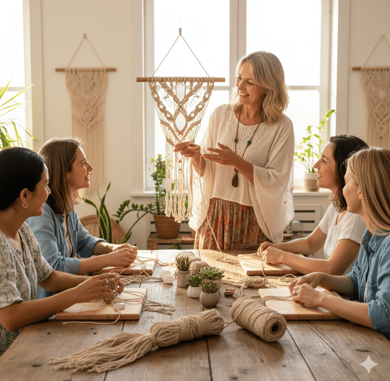 maestra feliz enseñando a sus alumnas a hacer macramé 