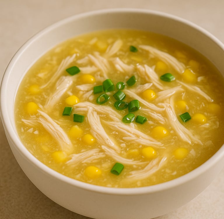 Chicken and corn soup in bowl