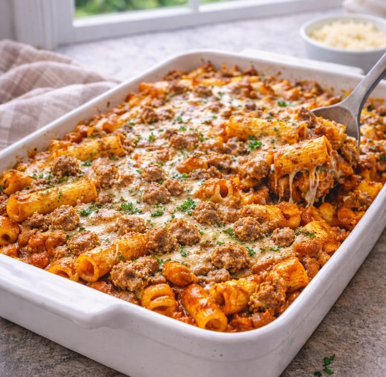 sausage pasta bake on plate