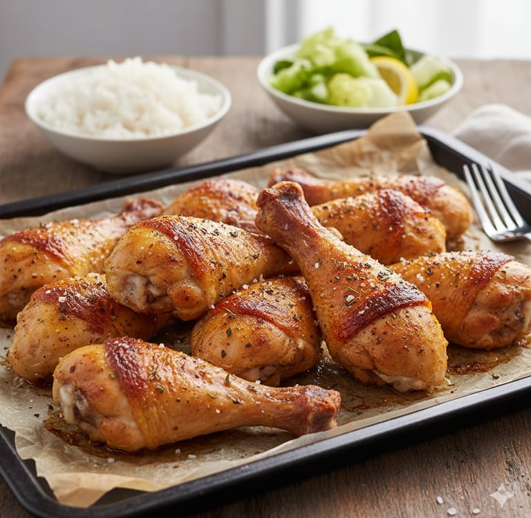 “Crispy golden oven-baked chicken drumsticks on a tray ready to serve.”