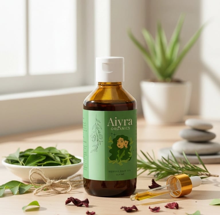 Aiyra Organics herbal hair oil rosemary, curry leaves, and a dropper for natural hair care.