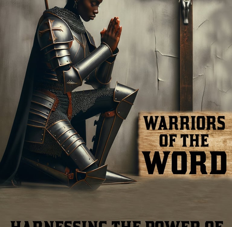 Armored African woman kneeling before a cross