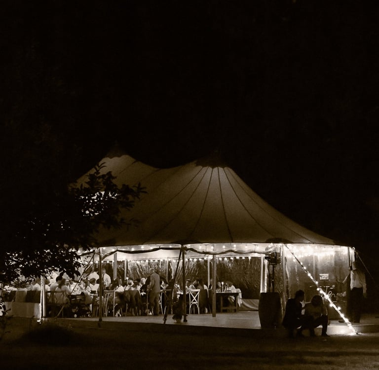 Dîner de mariage, tente de réception éclairée, guirlandes lumineuses. Astuce mariage hors-saison.