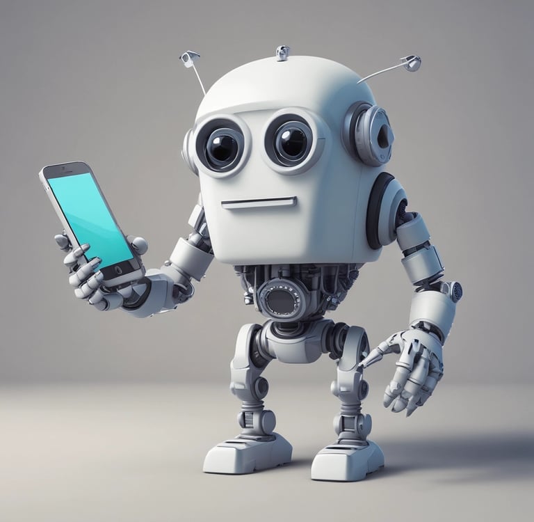 A cute white AI robot character holding a modern smartphone against a neutral background.