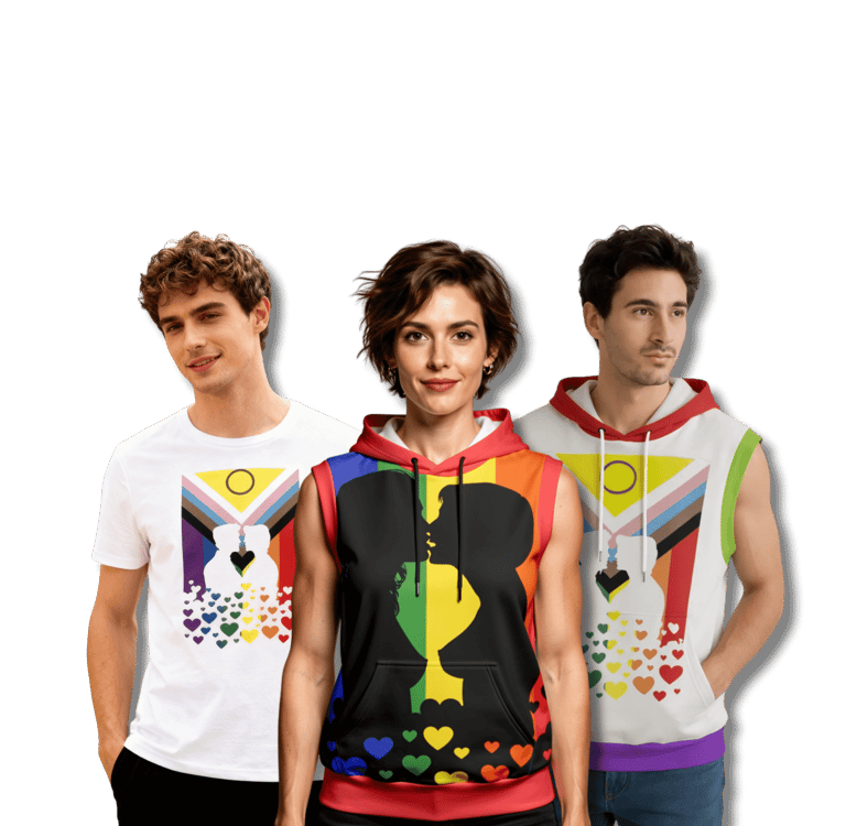 LGBTQIA pride flag clothing on  2 male models and one female