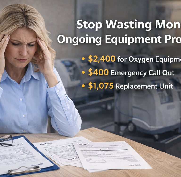 Stressed administrator reviewing high oxygen equipment repair invoices and replacement unit costs.
