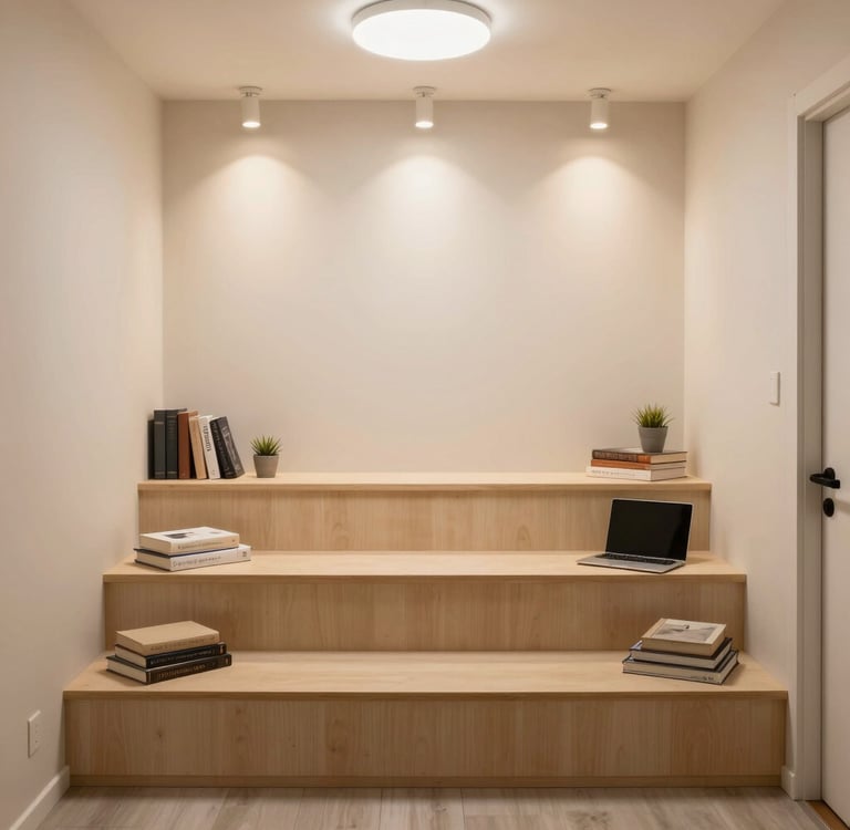 Finished room with furniture, lighting, and personal items placed step by step.